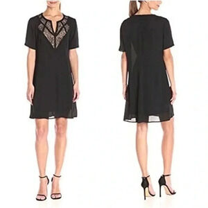 BCBGMAXAZRIA EOS Dress Size XSS Woven with Lace Yoke Fray Short Sleeve Black